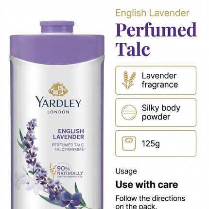 Yardley English Lavender talc 125g features and use reminders