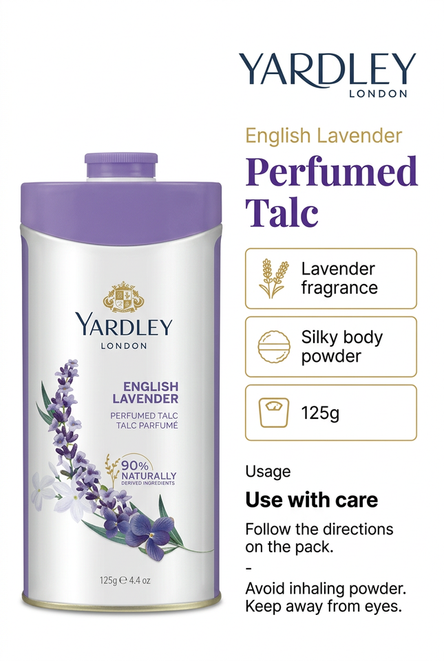 Yardley English Lavender talc 125g features and use reminders
