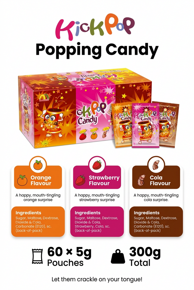 KickPop popping candy flavours and pack information