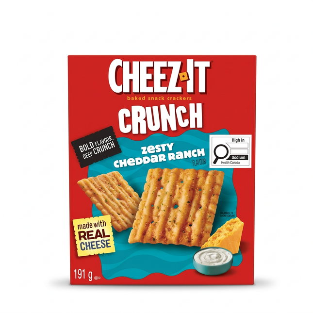 Cheez-It Crunch Zesty Cheddar Ranch crackers 191 g box on white background