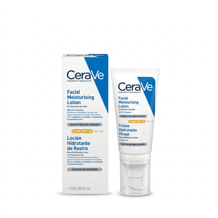 CeraVe AM Facial Moisturising Lotion SPF 30 52 ml tube and box on white background