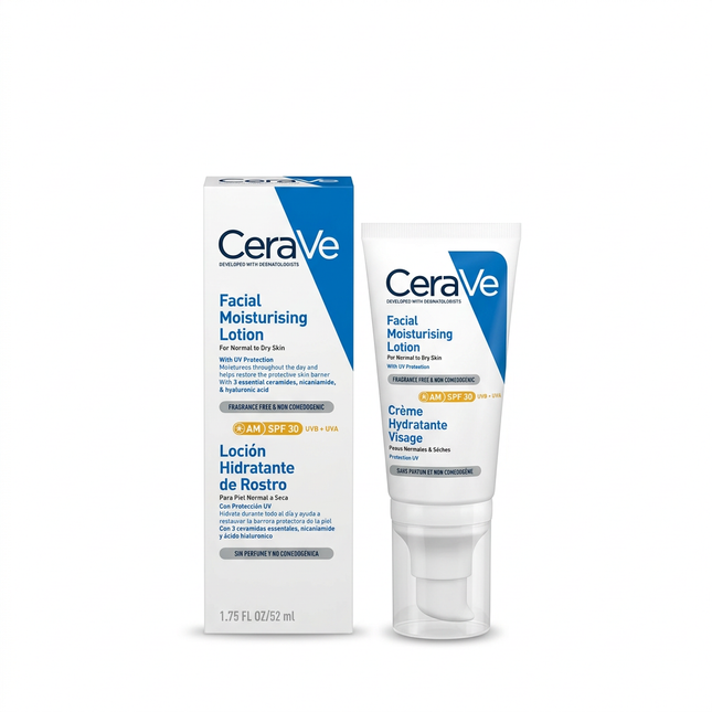 CeraVe AM Facial Moisturising Lotion SPF 30 52 ml tube and box on white background