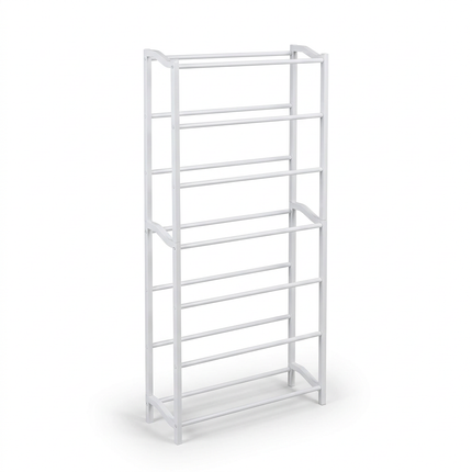 White seven-tier open-rail shoe rack on a pure white background