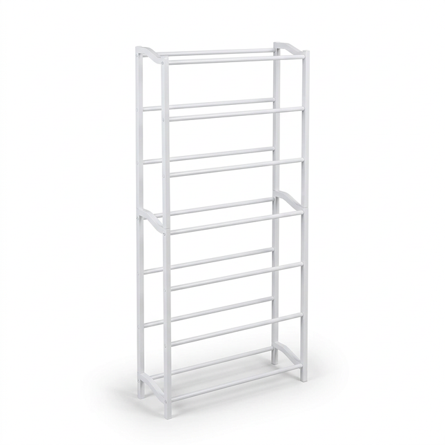 White seven-tier open-rail shoe rack on a pure white background