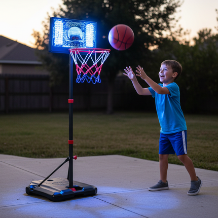 Child playing with LED light-up basketball hoop at night
