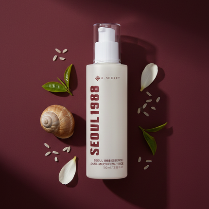 K-Secret Seoul 1988 Snail Mucin Essence lifestyle flat lay