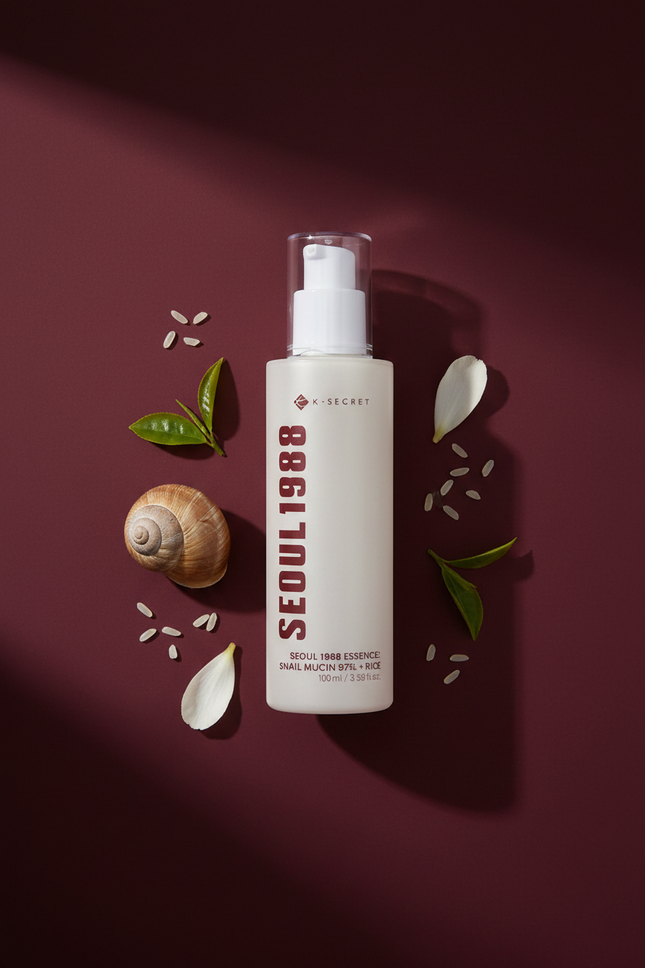 K-Secret Seoul 1988 Snail Mucin Essence lifestyle flat lay