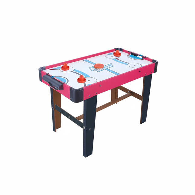 Pink-framed air hockey table with wooden legs