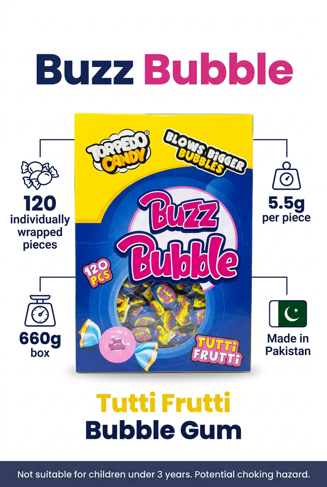 Buzz Bubble 660g pack information and age warning