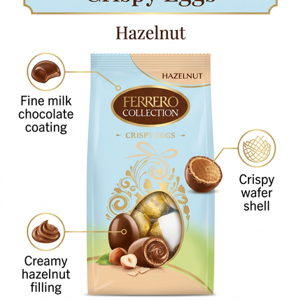 Ferrero Crispy Eggs infographic showing chocolate coating, wafer and hazelnut filling