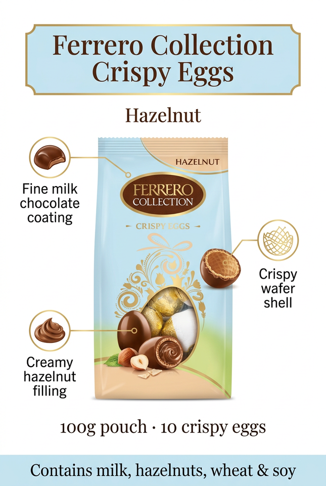 Ferrero Crispy Eggs infographic showing chocolate coating, wafer and hazelnut filling
