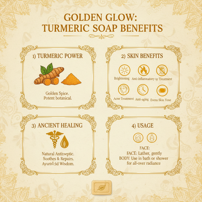 Turmeric soap benefits - Natural brightening and acne treatment infographic