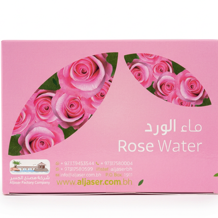 Aljaser Rose Water pink rose-design box on white background