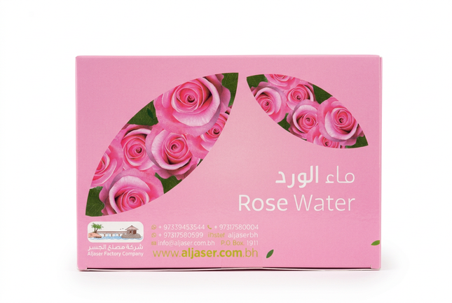 Aljaser Rose Water pink rose-design box on white background