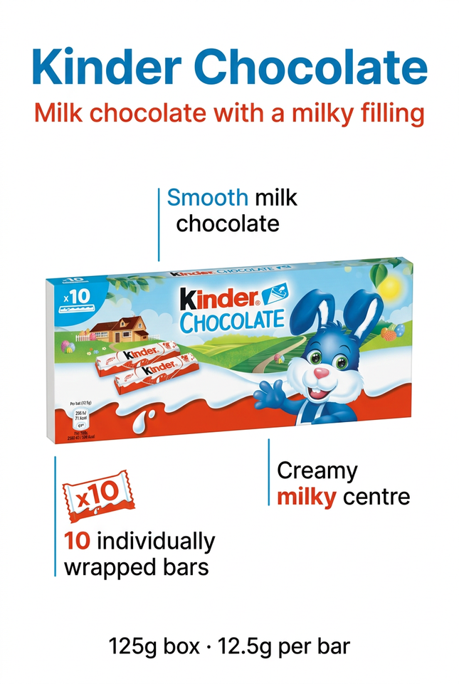 Kinder Chocolate infographic showing milky filling and ten-bar pack details