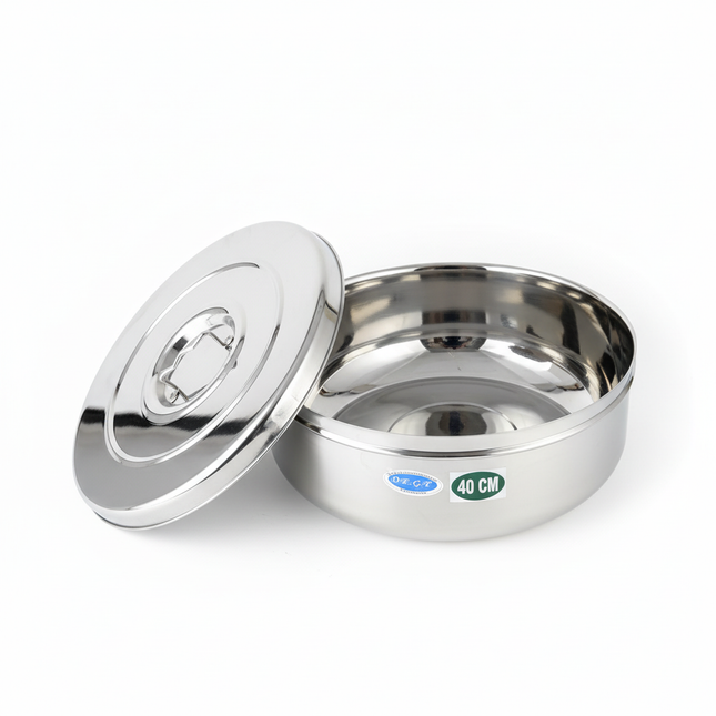 Stainless steel serving bowl with lid showing deep interior