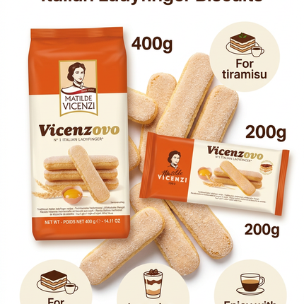 Vicenzovo ladyfinger biscuits infographic showing 200g and 400g packs