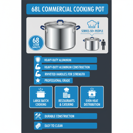 68L commercial pot features infographic - capacity, durability, professional grade