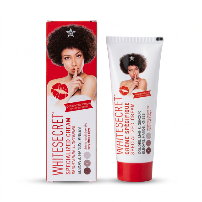 White Secret Specialized Cream tube and box on white background