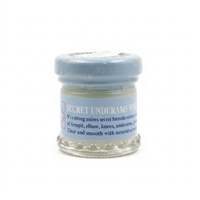 Secret Underarms Whitening Cream jar with pale blue lid on white