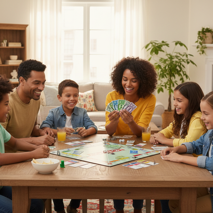 Family playing Monopoly Arabic board game together
