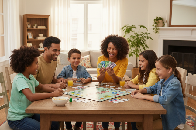 Family playing Monopoly Arabic board game together