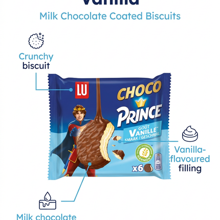 LU Choco Prince Vanilla milk chocolate biscuit features and 6 pack size