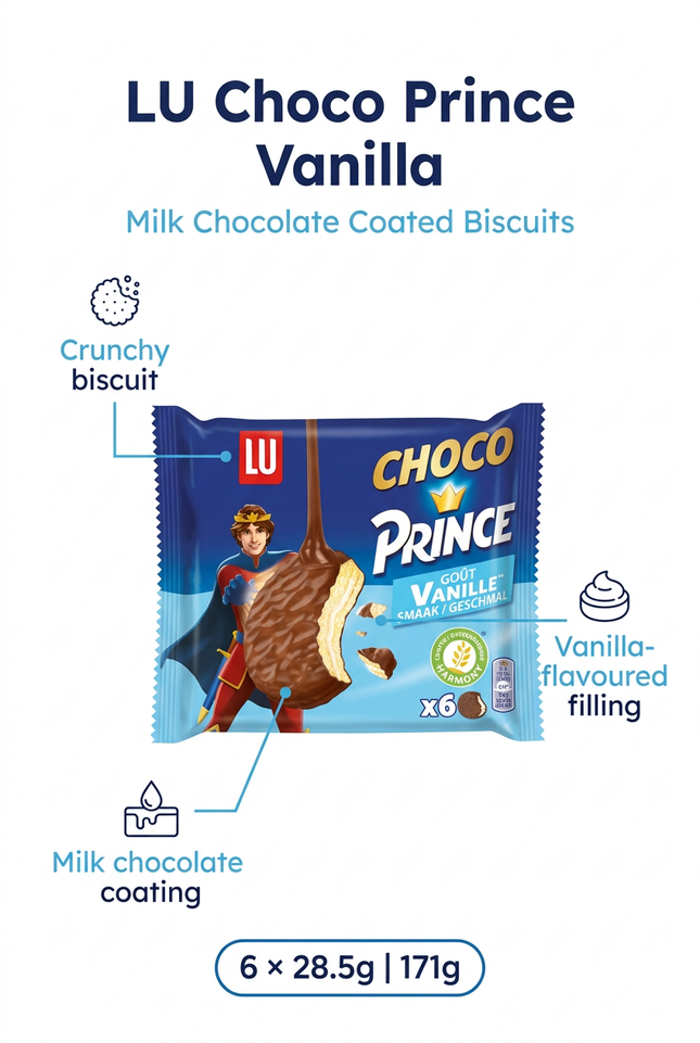 LU Choco Prince Vanilla milk chocolate biscuit features and 6 pack size