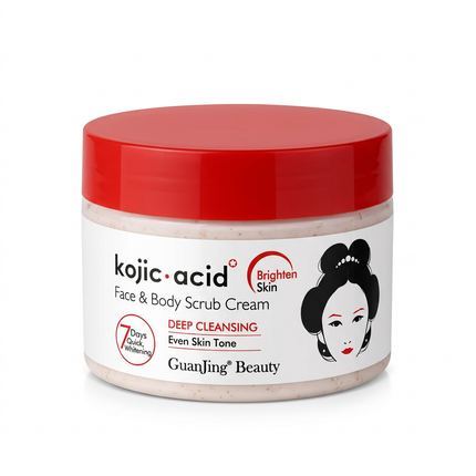 GuanJing Beauty Kojic Acid Face and Body Scrub Cream red-lid tub on white