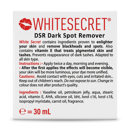 White Secret DSR ingredients directions and precautions panel