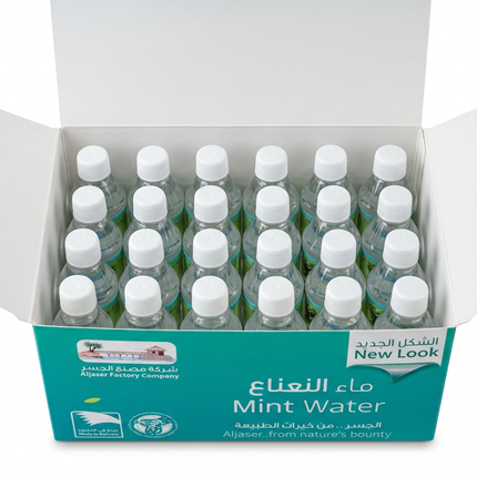 Open Aljaser Mint Water box showing 24 mini bottles