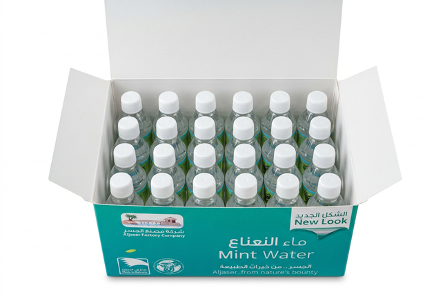 Open Aljaser Mint Water box showing 24 mini bottles