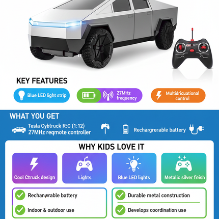 Tesla Metal Silver R/C Car Benefits Infographic