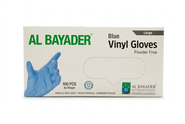 Al Bayader blue vinyl gloves Large 100-piece box on white background
