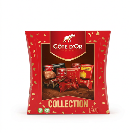 Côte d’Or Collection assorted chocolates red-and-gold box on white background