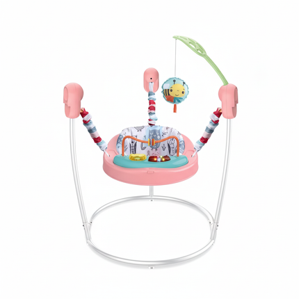 Pink baby activity jumper with music and hanging toys