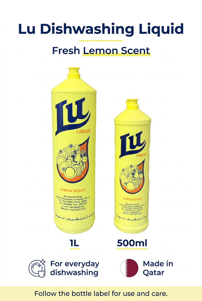 Lu Lemon Scent Dishwashing Liquid info image showing 1L and 500ml sizes