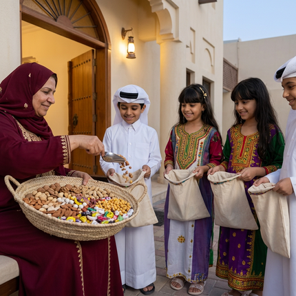 One Qatari woman sharing Garangao treats from a single basket with four children outside her home