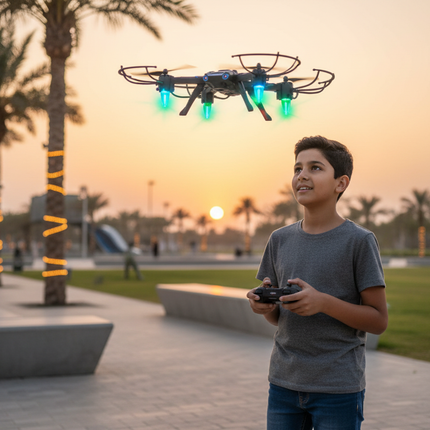 Qatari Boy Flying Drone at Park Dusk