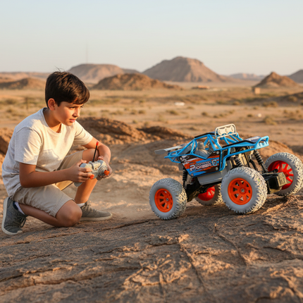 Qatari Boy with Crawling Car on Rocky Terrain