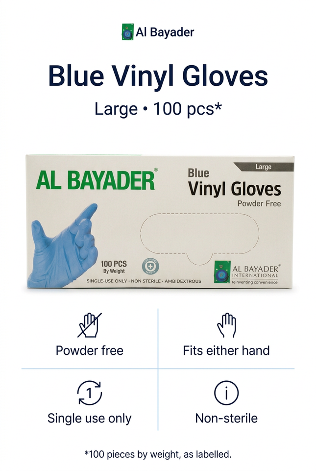 Redesigned Al Bayader Blue Vinyl Gloves Large 100-piece info image