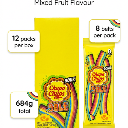 Regenerated Sour Belts infographic with 12 packs, 8 belts per pack and 684g total