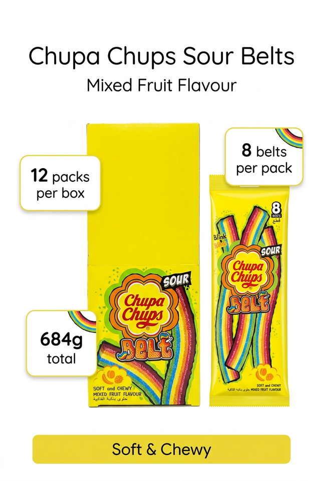 Regenerated Sour Belts infographic with 12 packs, 8 belts per pack and 684g total