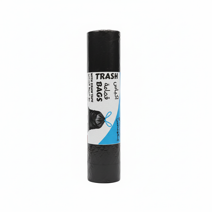Trash bag with blue drawstring