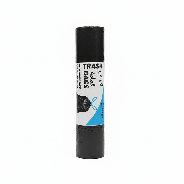 Trash bag with blue drawstring